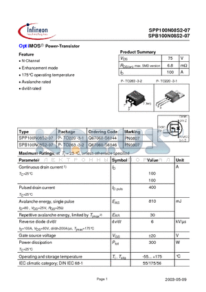 SPP100N08S2-07 datasheet - OptiMOS Power-Transistor