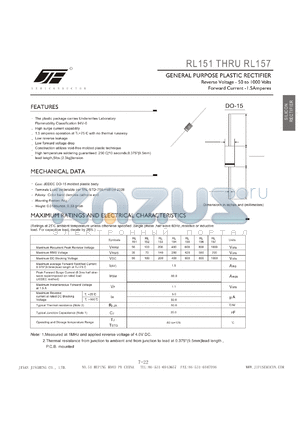 RL151 datasheet - GENERAL PURPOSE PLASTIC RECTIFIER