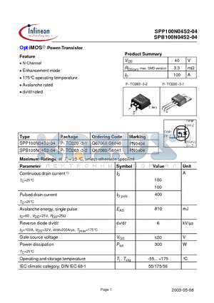 SPP100N04S2-04 datasheet - OptiMOS Power-Transistor