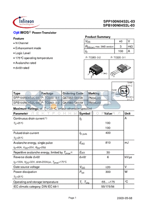 SPP100N04S2L-03 datasheet - OptiMOS Power-Transistor