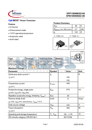 SPP100N06S2-05 datasheet - OptiMOS Power-Transistor