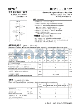 RL151 datasheet - General Purpose Plastic Rectifier Reverse Voltage 50 to 1000 V Forward Current 1.5A