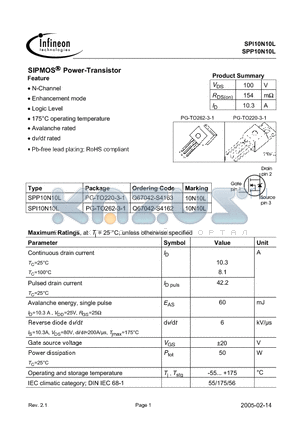 SPP10N10L datasheet - SIPMOS Power-Transistor