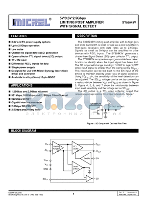 SY88943V datasheet - 5V/3.3V 2.5Gbps LIMITING POST AMPLIFIER WITH SIGNAL DETECT