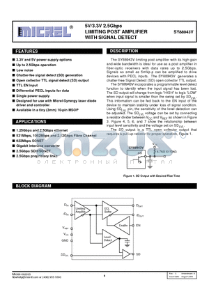 SY88943VKC datasheet - 5V/3.3V 2.5Gbps LIMITING POST AMPLIFIER WITH SIGNAL DETECT