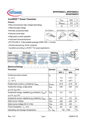 SPP07N65C3_09 datasheet - New revolutionary high voltage technology Ultra low gate charge Periodic avalanche rated