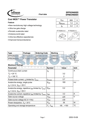 SPP03N60S5 datasheet - Cool MOS™ Power Transistor