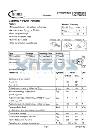 SPP20N60C2 datasheet - Cool MOS Power Transistor