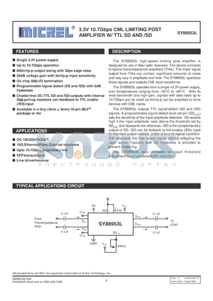SY88953LMITR datasheet - 3.3V 10.7Gbps CML LIMITING POST AMPLIFIER W/ TTL SD AND /SD