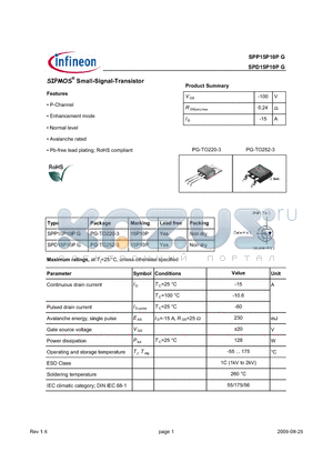 SPP15P10P datasheet - SIPMOS^ Small-Signal-Transistor Features P-Channel Enhancement mode