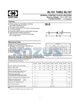 RL153 datasheet - GENERAL PURPOSE PLASTIC RECTIFIER