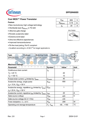 SPP20N60S5_09 datasheet - Cool MOS Power Transistor