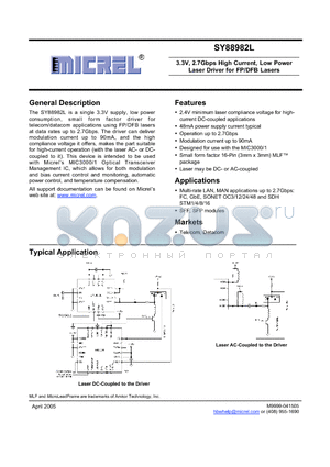 SY88982LMG datasheet - 3.3V, 2.7Gbps High Current, Low Power Laser Driver for FP/DFB Lasers