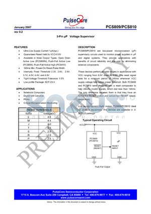 PCS809LIURF datasheet - 3-Pin lP Voltage Supervisor