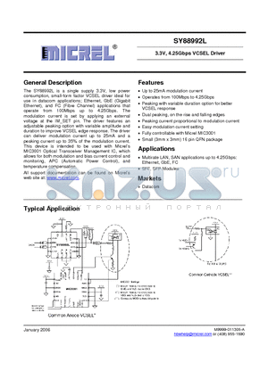 SY88992L datasheet - 3.3V, 4.25Gbps VCSEL Driver