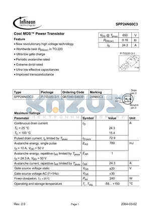SPP24N60C3 datasheet - Cool MOS Power Transistor