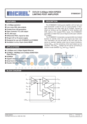 SY88993AV datasheet - 5V/3.3V 3.2Gbps HIGH-SPEED LIMITING POST AMPLIFIER