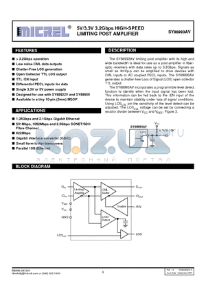 SY88993AV datasheet - 5V/3.3V 3.2Gbps HIGH-SPEED LIMITING POST AMPLIFIER SY88993AV