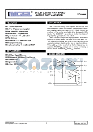 SY88993VKCTR datasheet - 5V/3.3V 3.2Gbps HIGH-SPEED LIMITING POST AMPLIFIER