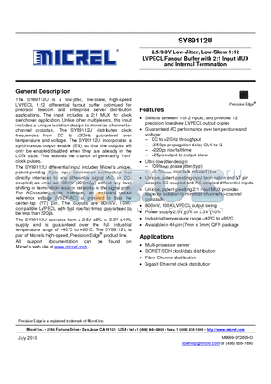 SY89112UMI datasheet - 2.5/3.3V Low-Jitter, Low-Skew 1:12 LVPECL Fanout Buffer with 2:1 Input MUX and Internal Termination