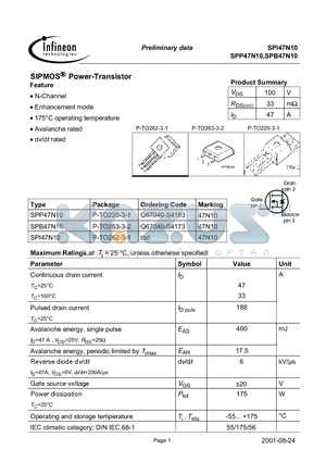 SPP47N10 datasheet - SIPMOS Power-Transistor
