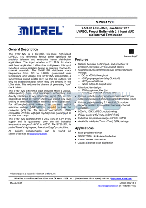 SY89112UMYTR datasheet - 2.5/3.3V Low-Jitter, Low-Skew 1:12 LVPECL Fanout Buffer with 2:1 Input MUX