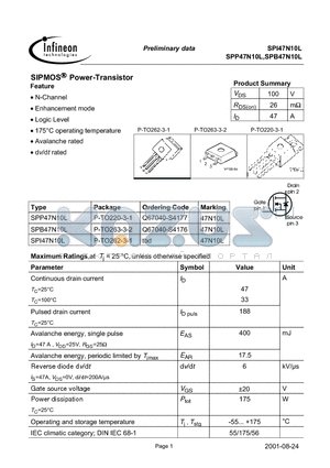 SPP47N10L datasheet - SIPMOS Power-Transistor