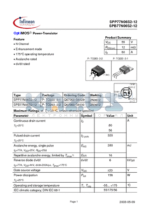 SPP77N06S2-12 datasheet - OptiMOS Power-Transistor
