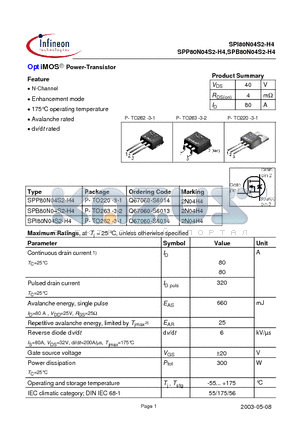 SPP80N04S2-H4 datasheet - OptiMOS Power-Transistor