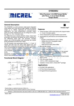 SY89200UMI datasheet - Ultra-Precision 1:8 LVDS Fanout Buffer with Three 1/2/4 Clock Divider Output Banks