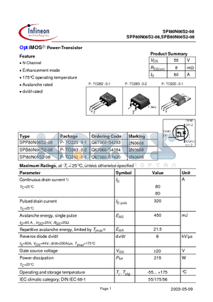 SPP80N06S2-08 datasheet - OptiMOS Power-Transistor