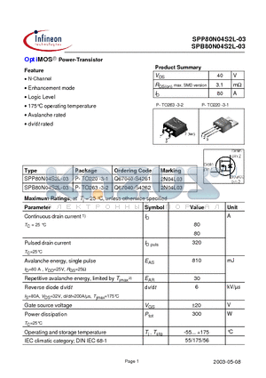 SPP80N04S2L-03 datasheet - OptiMOS Power-Transistor