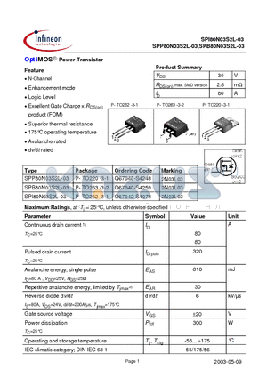 SPP80N03S2L-03 datasheet - OptiMOS Power-Transistor