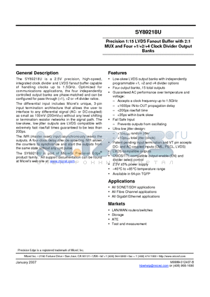 SY89218UHY datasheet - Precision 1:15 LVDS Fanout Buffer with 2:1 MUX and Four 1/2/4 Clock Divider Output Banks