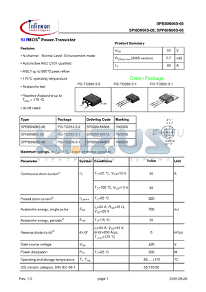 SPP80N06S-08 datasheet - SIPMOS Power-Transistor