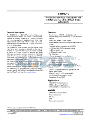 SY89221UHYTR datasheet - Precision 1:15 LVPECL Fanout Buffer with 2:1 MUX and Four 1/2/4 Clock Divider Output Banks