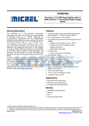 SY89218U datasheet - YPrecision 1:15 LVDS Fanout Buffer with 2:1