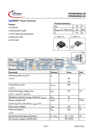 SPP80N06S2-05 datasheet - OptiMOS Power-Transistor