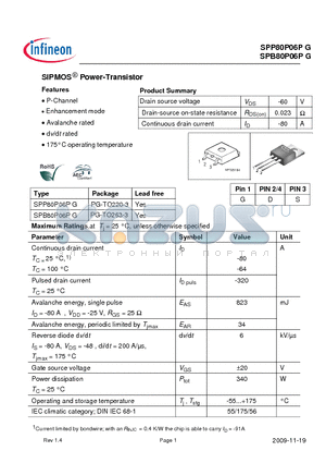 SPP80P06PG datasheet - SIPMOS Power-Transistor Features Enhancement mode Avalanche rated