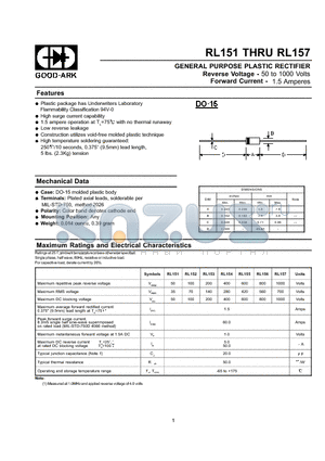 RL157 datasheet - GENERAL PURPOSE PLASTIC RECTIFIER
