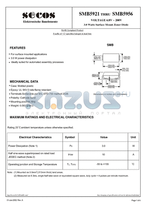 SMB5940B datasheet - 3.0 Watts Surface Mount Zener Diode