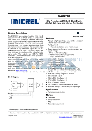 SY89229U datasheet - 1GHz Precision, LVDS 3, 5 Clock Divider with Fail Safe Input and Internal Termination