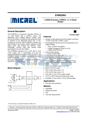 SY89230UMGTR datasheet - 3.2GHz Precision, LVPECL 3, 5 Clock Divider