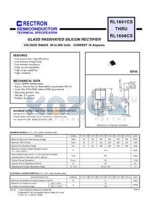 RL1603CS datasheet - GLASS PASSIVATED SILICON RECTIFIER (VOLTAGE RANGE 50 to 800 Volts CURRENT 16 Amperes)