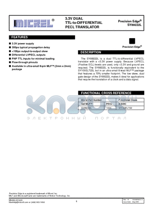 SY89222LMITR datasheet - 3.3V DUAL TTL-to-DIFFERENTIAL PECL TRANSLATOR