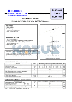 RL1N4001 datasheet - SILICON RECTIFIER (VOLTAGE RANGE 50 to 1000 Volts CURRENT 1.0 Ampere)