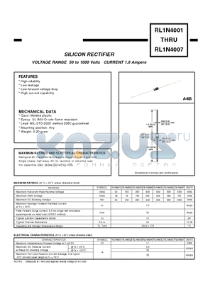 RL1N4001 datasheet - VOLTAGE RANGE 50 to 1000 Volts CURRENT 1.0 Ampere