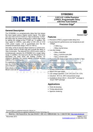 SY89296U datasheet - 2.5V/3.3V 1.5GHz Precision LVPECL Programmable Delay