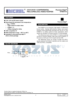 SY89311U datasheet - 2.5V/3.3V/5V 1:2 DIFFERENTIAL PECL/LVPECL/ECL FANOUT BUFFER