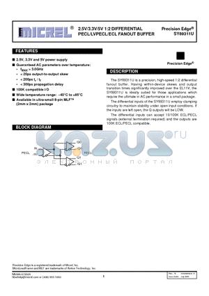SY89311UMGTR datasheet - 2.5V/3.3V/5V 1:2 DIFFERENTIAL PECL/LVPECL/ECL FANOUT BUFFER